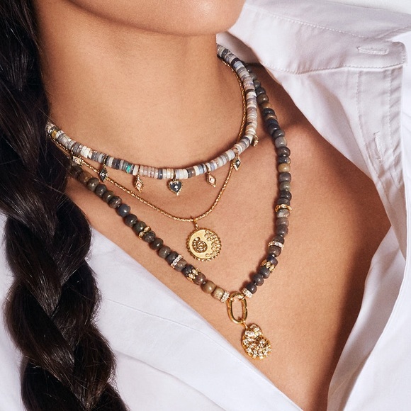 GOLD & DIAMOND NAUTILUS CHARM & MULTI-RONDELLE SAPPHIRE NECKLACE SYDNEY EVAN - Picture 5 of 6